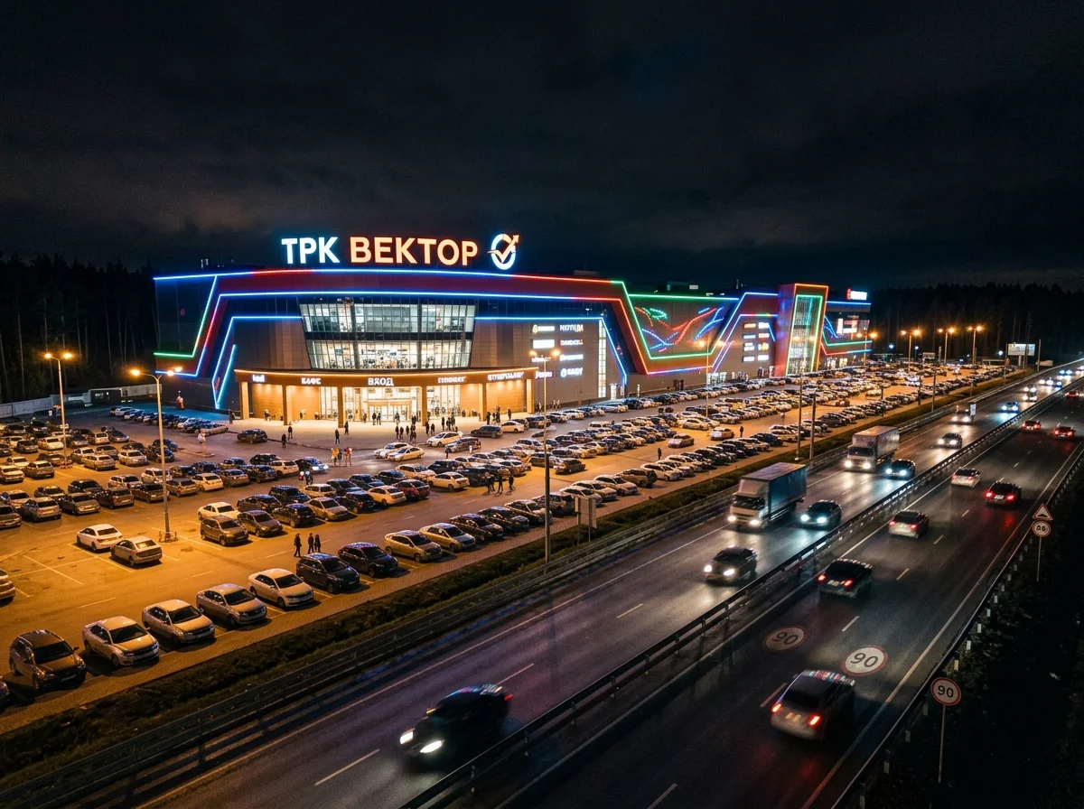 ТРК на трассе — контурная RGB-подсветка фасада